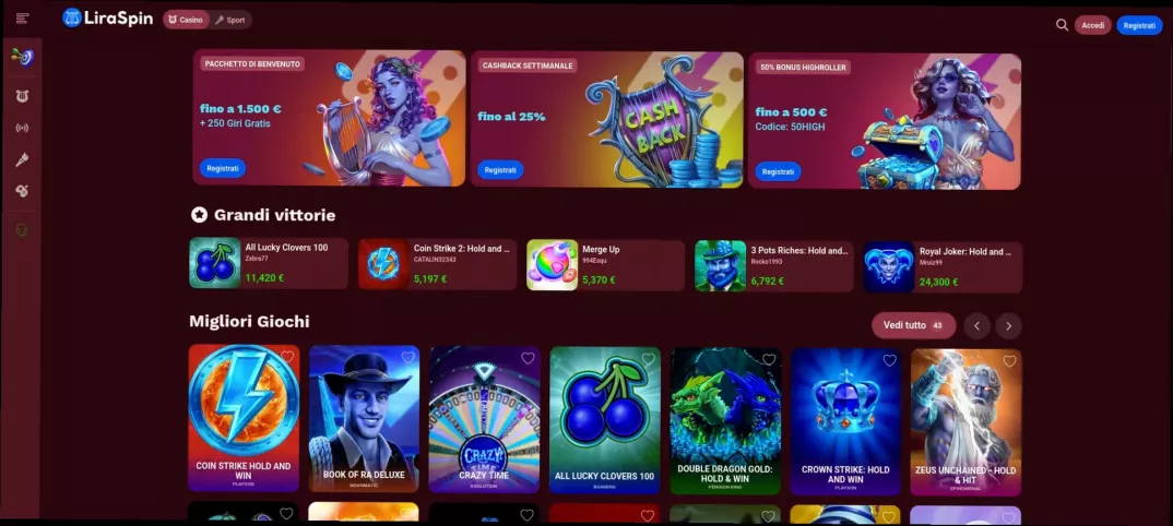 Liraspin Casino bonus di benvenuto del 100% fino a 1.500 euro